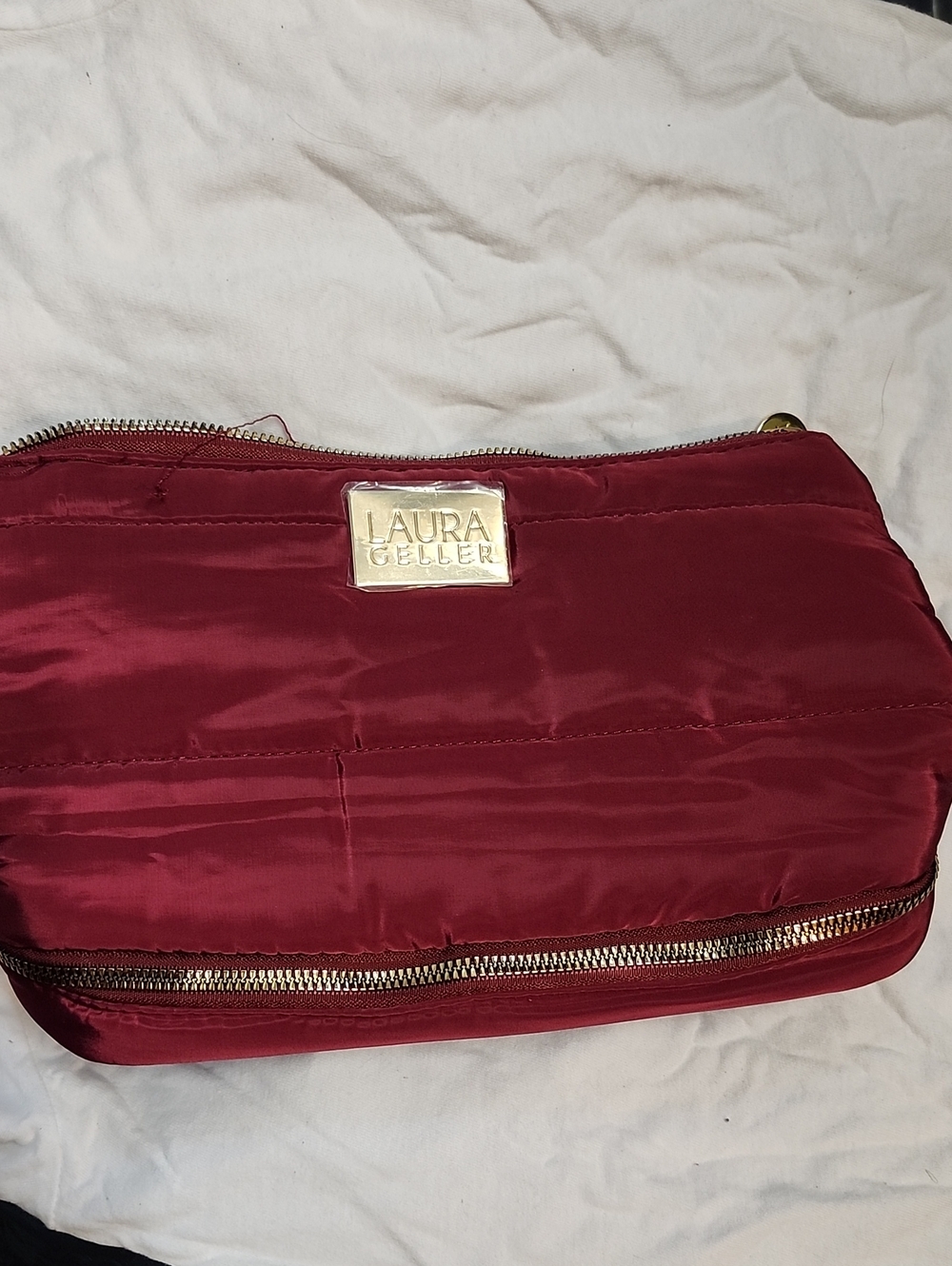Laura Geller Deep Red Quilted Cosmetic Pouch with Gold Accent